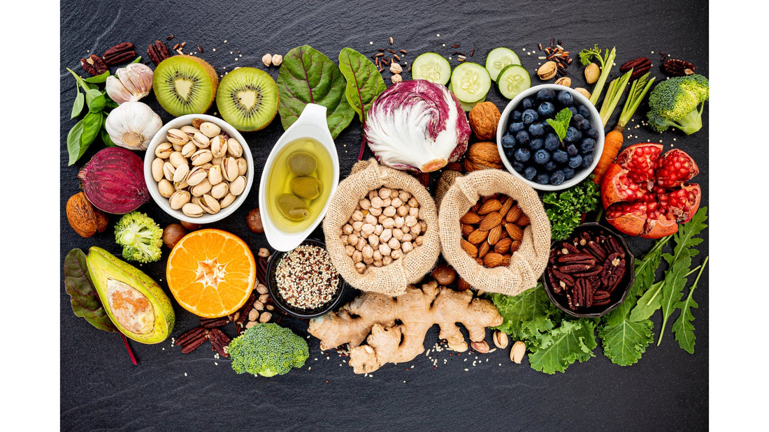 Flat lay of healthy organic ingredients used in vegan cosmetics