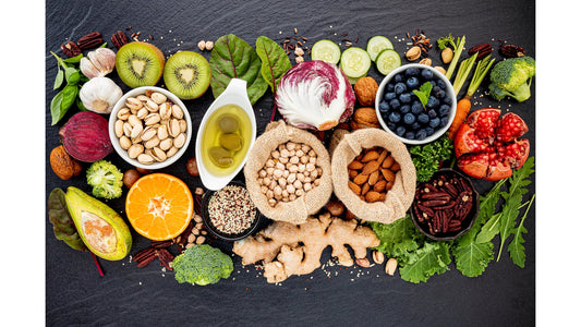 Flat lay of healthy organic ingredients used in vegan cosmetics