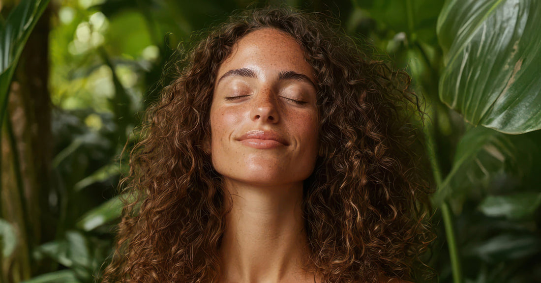 Woman's face in front of a tropical background