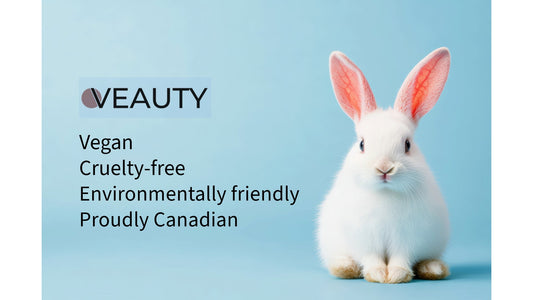 Small white rabbit next to words: vegan, cruelty-free, environmentally friendly, proudly Canadian.