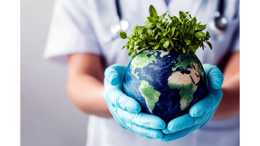 Person holding small model planet earth with green plants growing out of it.