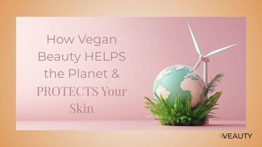 Image of planet earth and a wind turbine cradled by a plant. It represents sustainability. The headline reads How Vegan Beauty Helps the Planet and Protects Your Skin