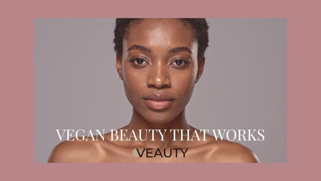 Face of a woman with glowy skin. Caption stating that Vegan Beauty Works.