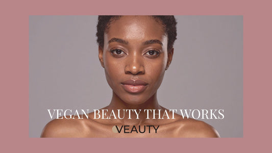 Face of a woman with glowy skin. Caption stating that Vegan Beauty Works.